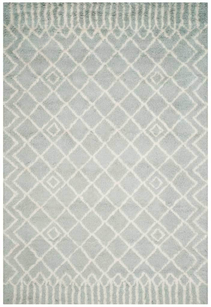 Plush blue field crossed by ivory trellis lines and small inset diamonds