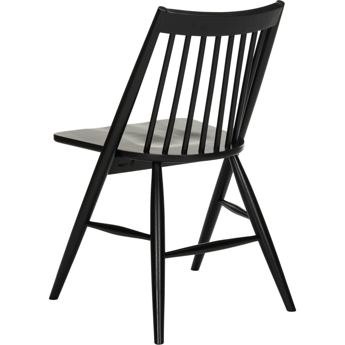 Black spindle-back dining chair has a curved back rail and braced, tapered wood legs.