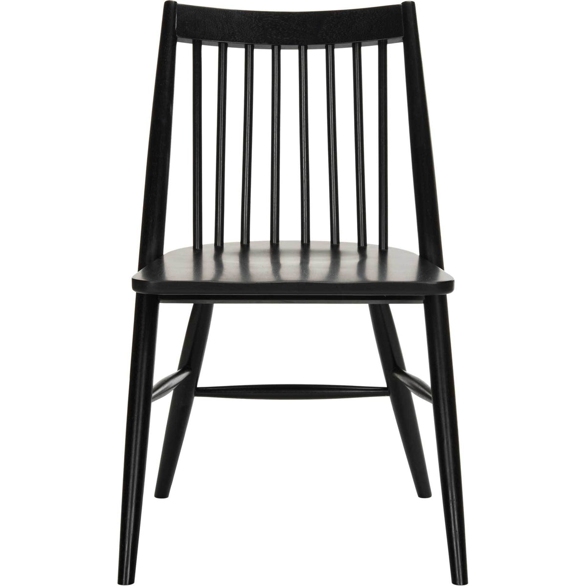Black rubberwood dining chair features a gently curved top rail above slender vertical spindles. || DCH1000A-SET2 || front_studio