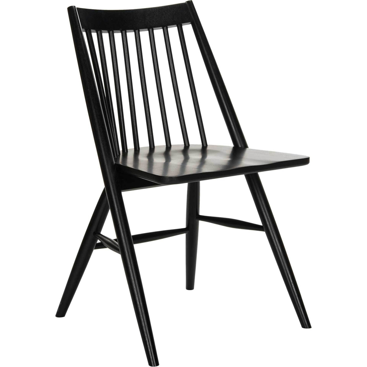Black dining chair combines a gently curved spindle back with a broad, smooth wood seat. || DCH1000A-SET2 || front_angle_studio