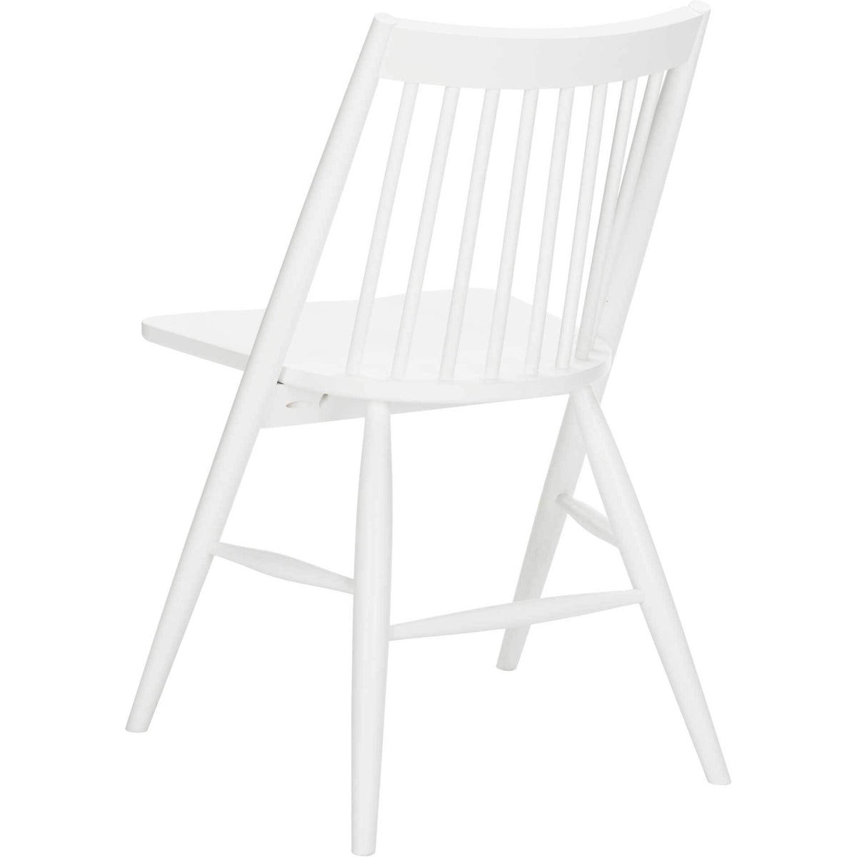 Curved white back rail and narrow vertical spindles complement the chair's braced wood frame.
