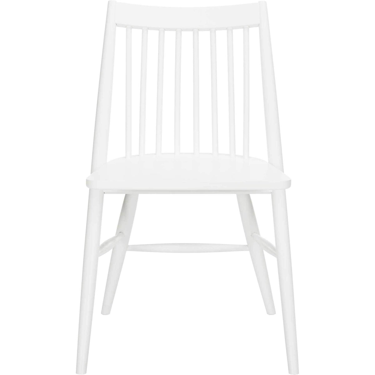 Bright white dining chair has a gently curved top rail and slim, evenly spaced back spindles. || DCH1000B-SET2 || front_studio