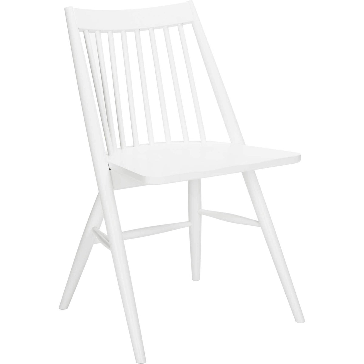 White wood dining chair features a tall spindle back, smooth seat, and gracefully splayed legs. || DCH1000B-SET2 || front_angle_studio