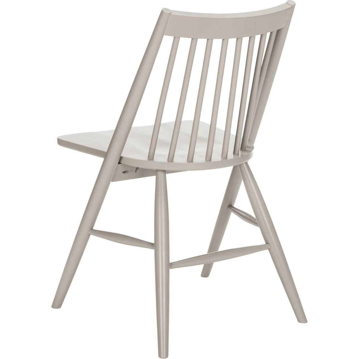 Gray rubberwood dining chair has a curved back rail, narrow vertical spindles, and braced legs.