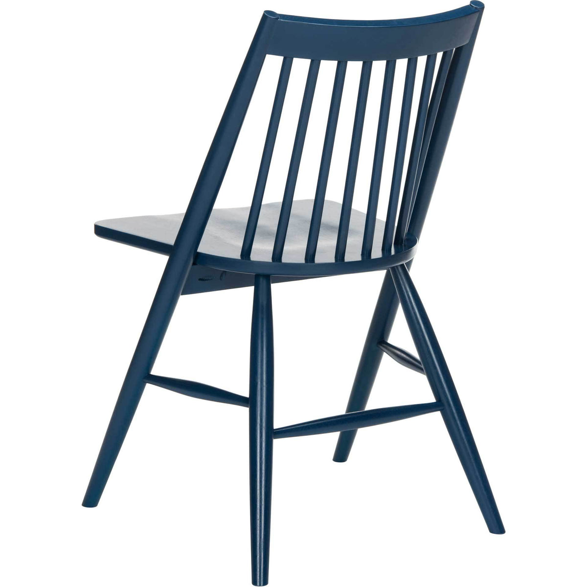 This navy wood chair has a curved top rail, airy spindle back, and sturdy tapered legs.