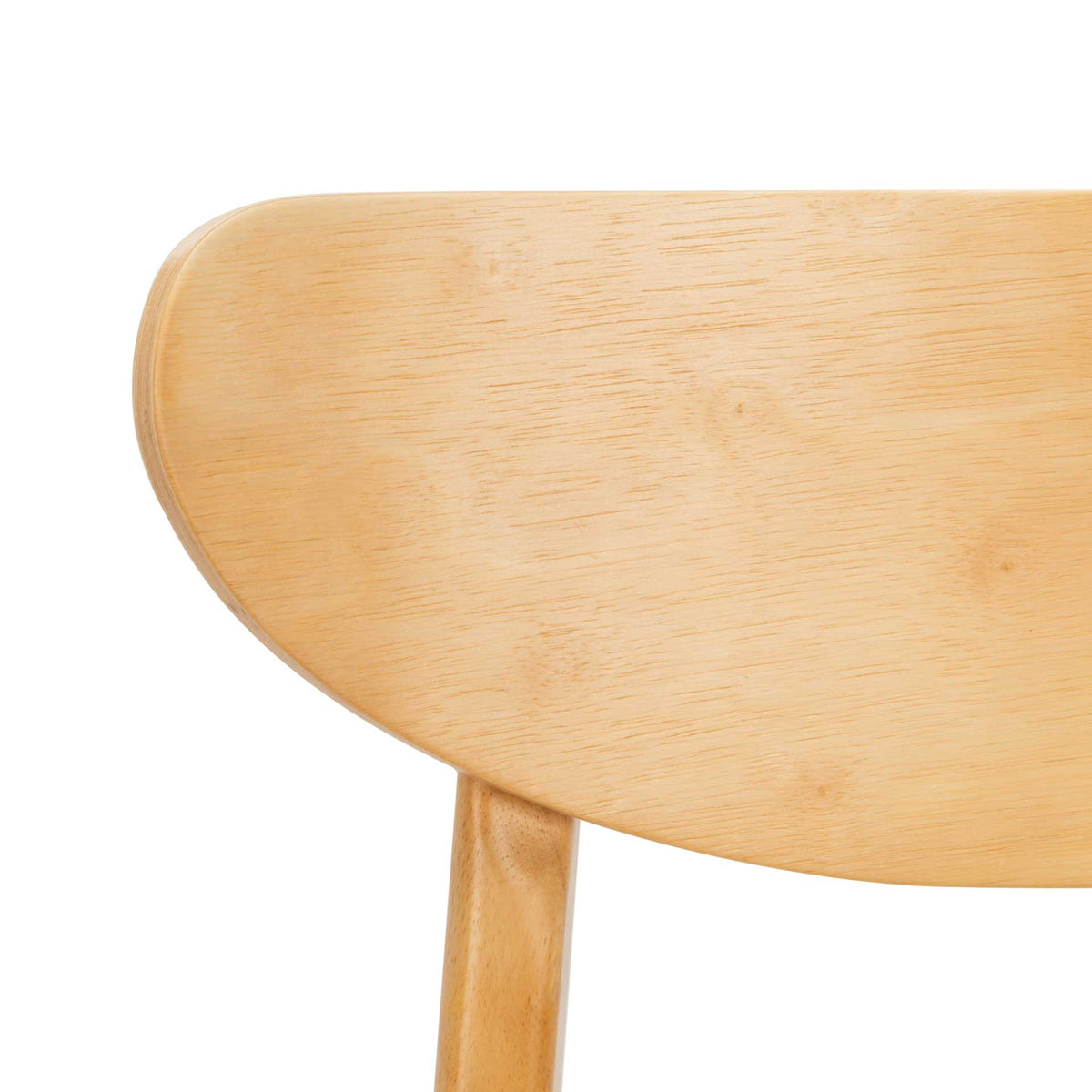 Pale wood grain accents the rounded edge of a gently curved chair backrest