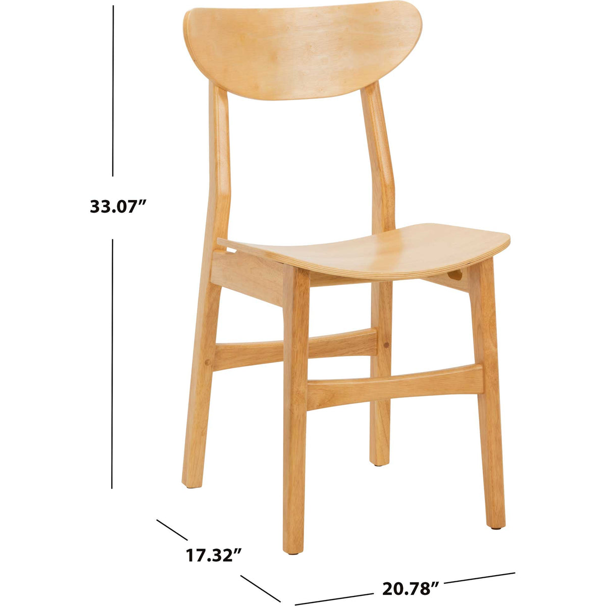 Natural wood dining chair measures 17.32 inches wide, 20.78 inches deep, and 33.07 inches tall