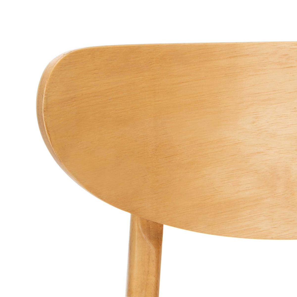 Smooth, pale wood grain follows the rounded edge of a curved chair backrest