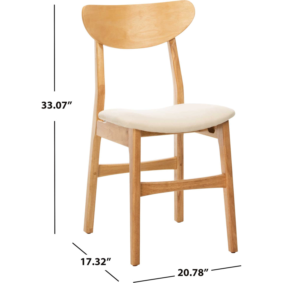 Natural wood dining chair with a white seat stands 33.07 inches tall and 17.32 inches wide