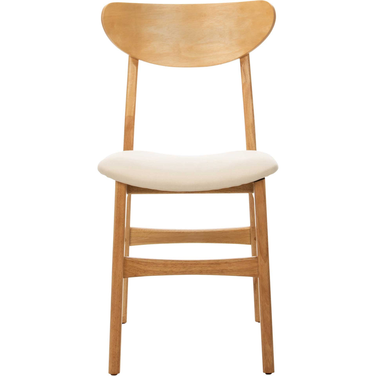 Curved natural wood backrest tops a plush white dining chair seat || DCH1001C-SET2 || front_studio