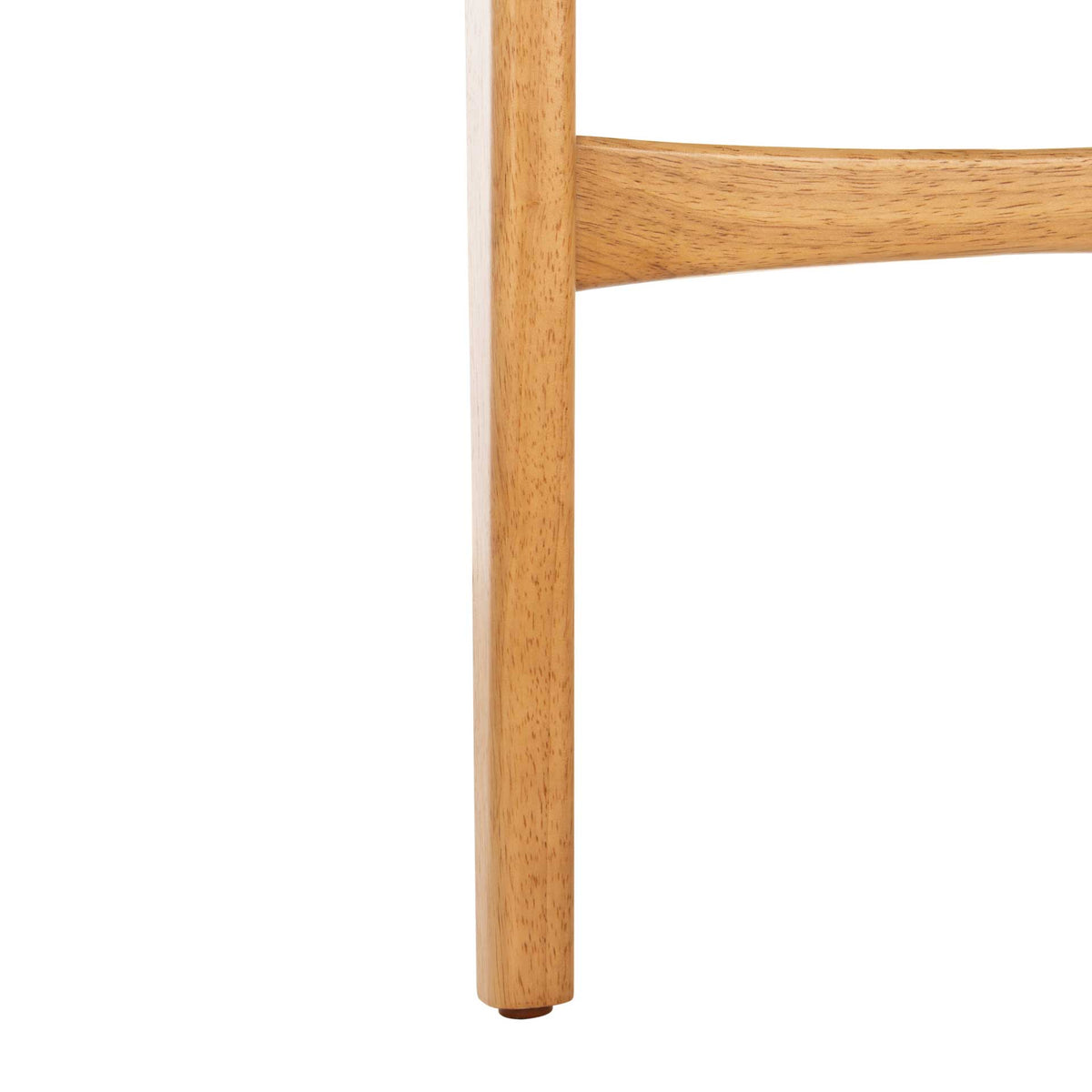 Natural wood chair leg meets a sturdy crossbar above its rounded foot