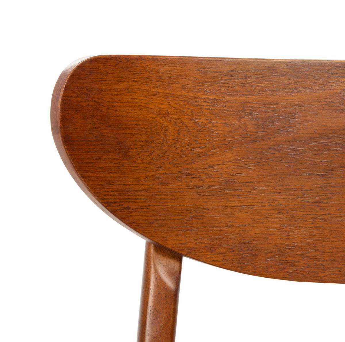 Curved wooden backrest displays a smooth walnut finish and visible grain
