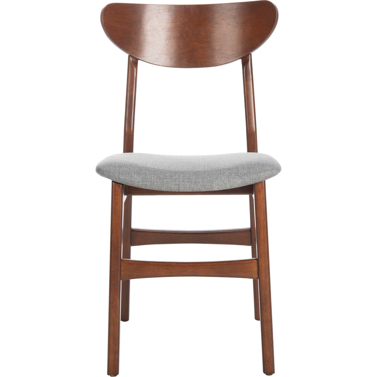Curved walnut-finished backrest rises above a plush gray dining chair seat || DCH1001E-SET2 || front_studio