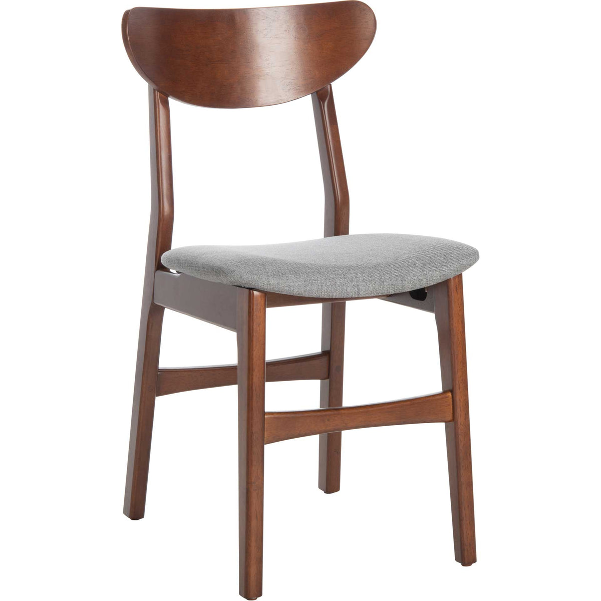 Walnut-finished dining chair unites a curved wooden back with a soft gray seat || DCH1001E-SET2 || front_angle_studio