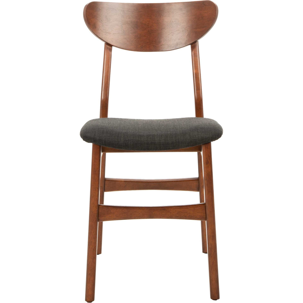 Warm walnut-finished chair pairs a broad curved backrest with a plush, dark seat || DCH1001F-SET2 || front_studio
