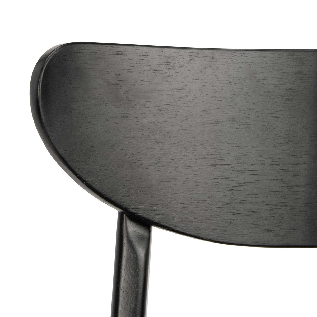 Rounded black backrest displays subtle wood grain and a smooth finish