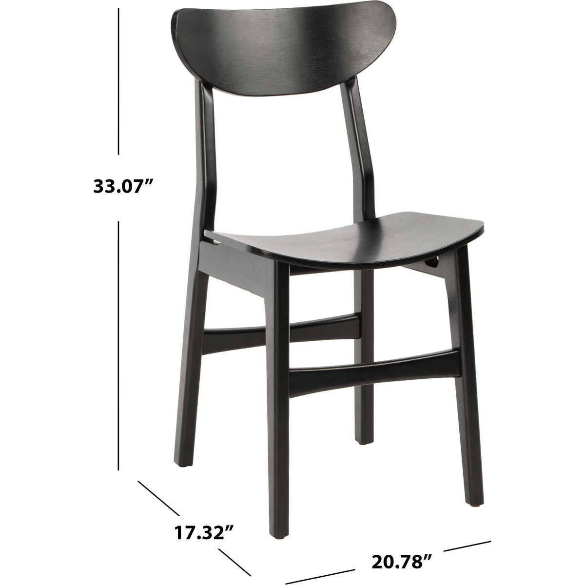 Black wood dining chair measures 17.32 inches wide, 20.78 inches deep, and 33.07 inches tall