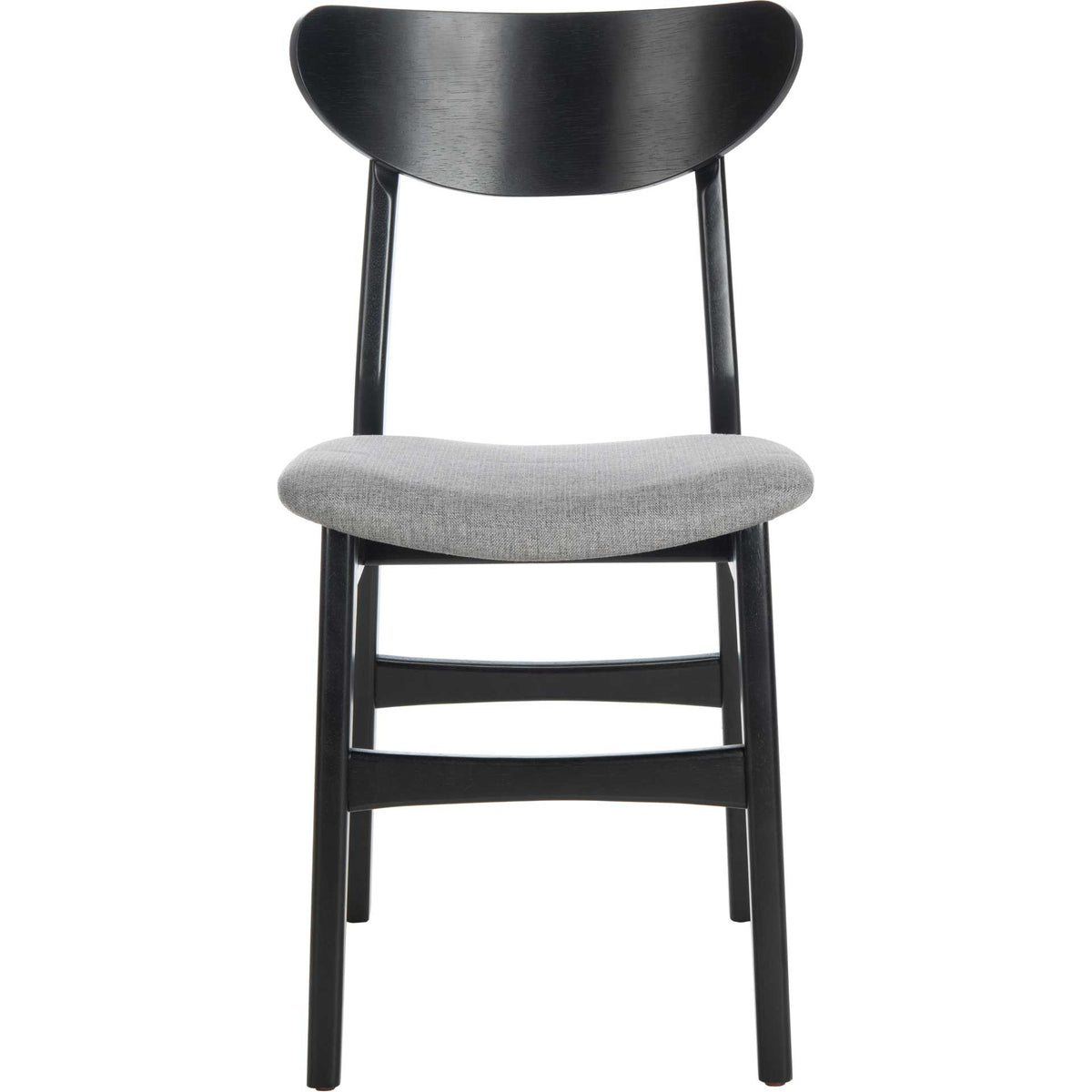 Wide black wooden backrest crowns a comfortably cushioned gray dining chair seat || DCH1001H-SET2 || front_studio