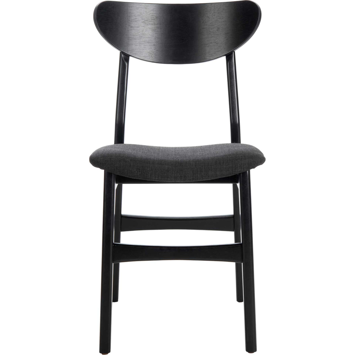 Curved black wood backrest rises above a plush, dark upholstered chair seat || DCH1001J-SET2 || front_studio