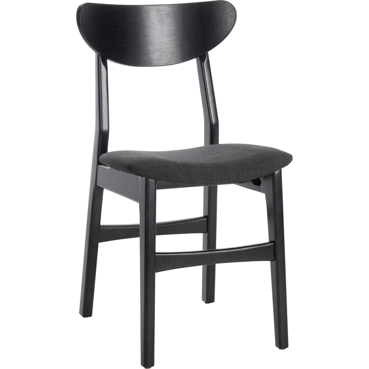 Black wood dining chair pairs a curved backrest with a soft, dark fabric seat || DCH1001J-SET2 || front_angle_studio
