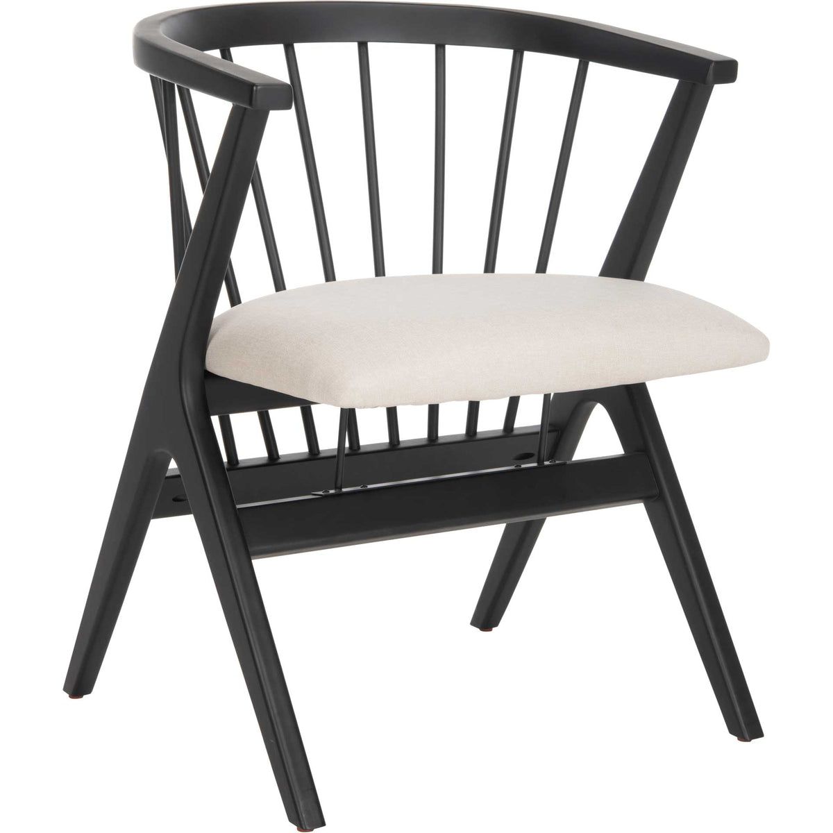 A curved black spindle back and angular wood legs frame a cushioned beige seat. || DCH1004A-SET2 || front_angle_studio