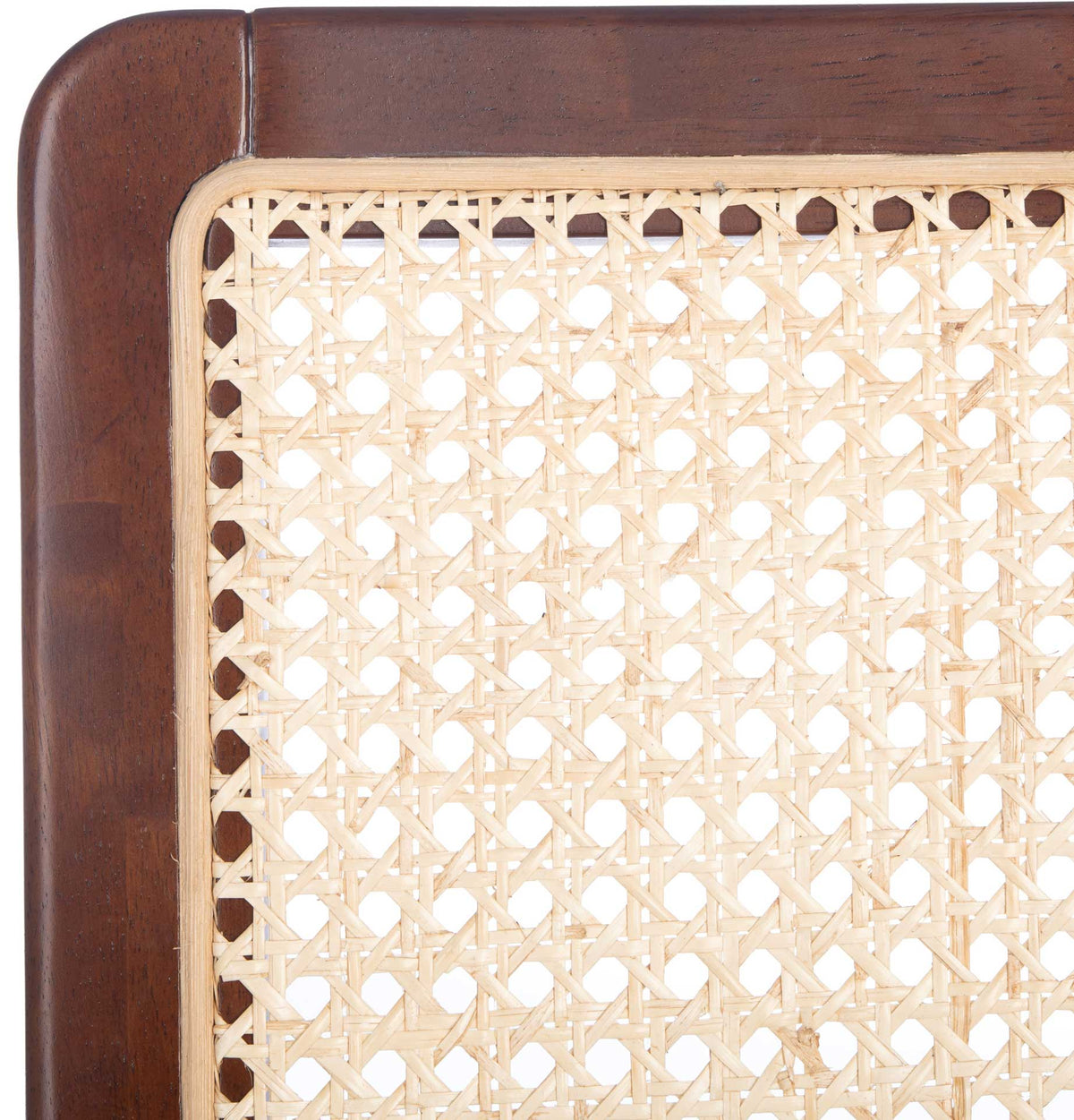 Natural woven cane sits inside a rounded dark brown wood backrest with visible grain