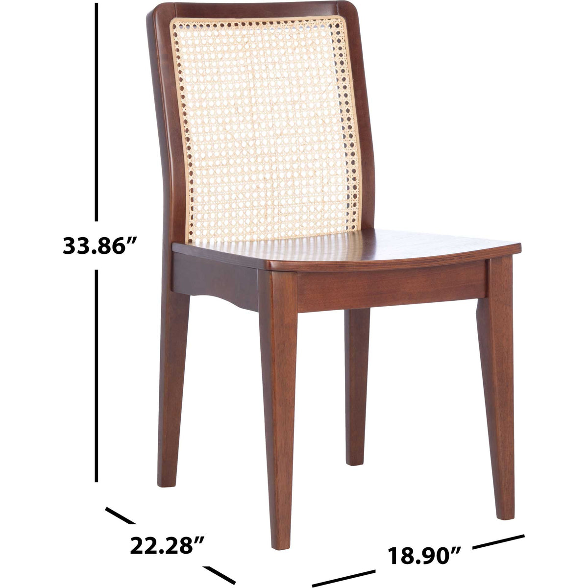 Dark brown wood dining chair with a cane back measures 22.28 by 18.90 by 33.86 inches