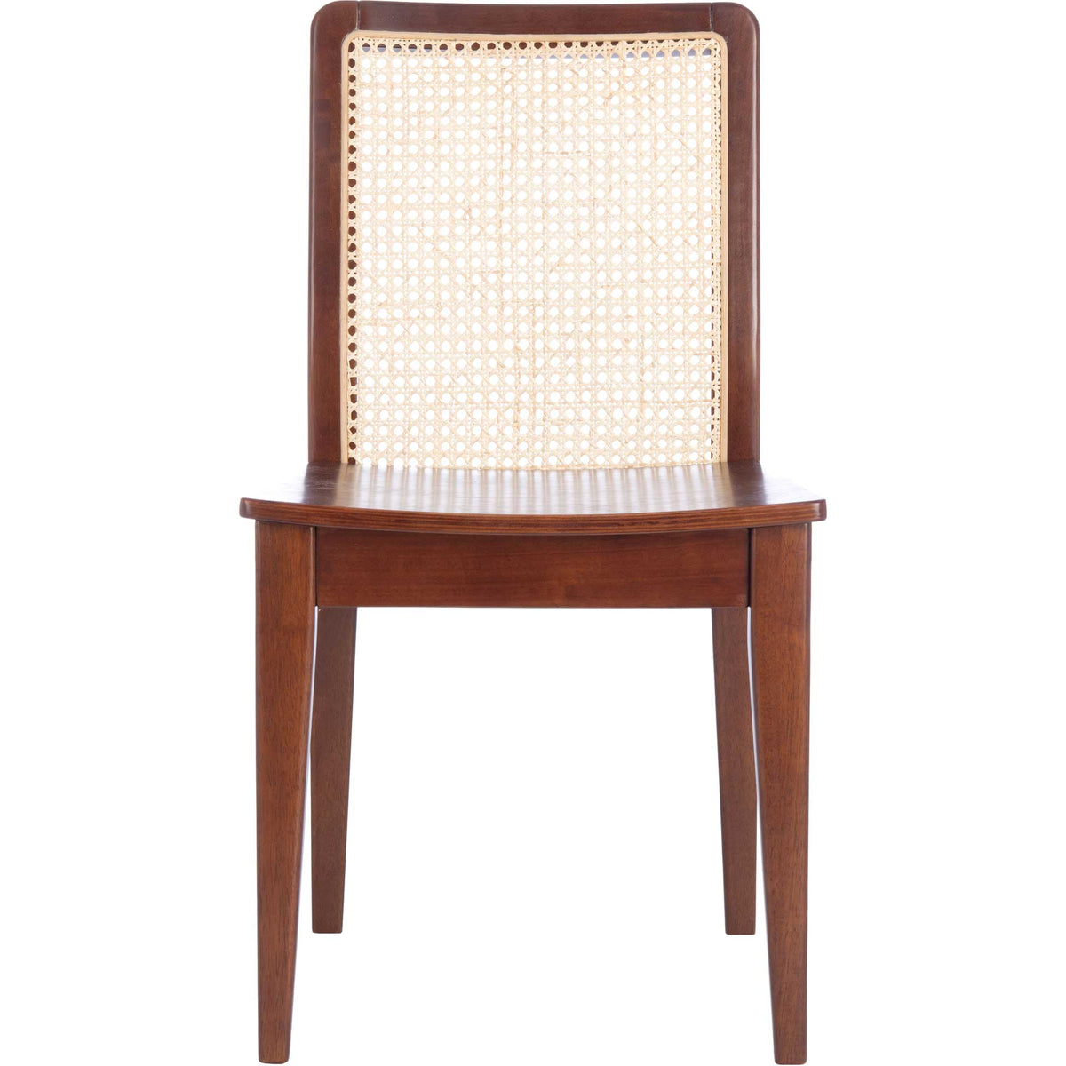 Dark brown dining chair features an airy woven cane back and a smooth wood seat || DCH1005A-SET2 || front_studio