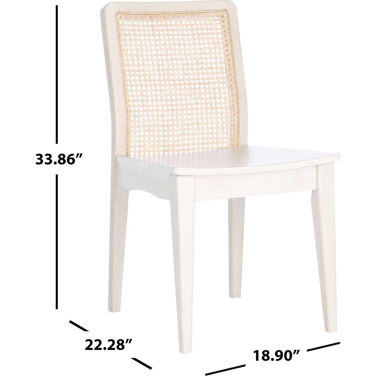 White wood chair with a natural cane back measures 22.28 by 18.90 by 33.86 inches