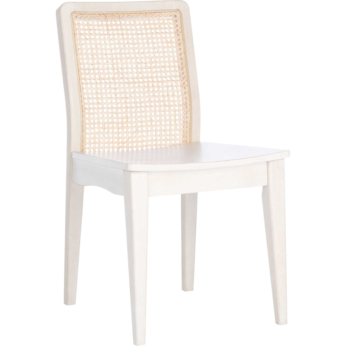 White wood dining chair pairs a gently curved cane back with a smooth seat and tapered legs || DCH1005B-SET2 || front_angle_studio