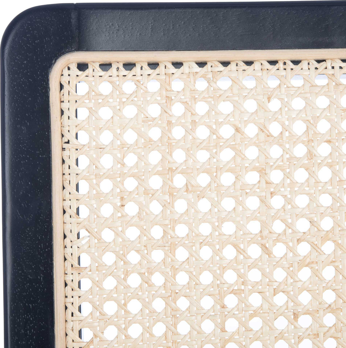 Natural cane lattice is inset within a softly rounded black wood chair frame