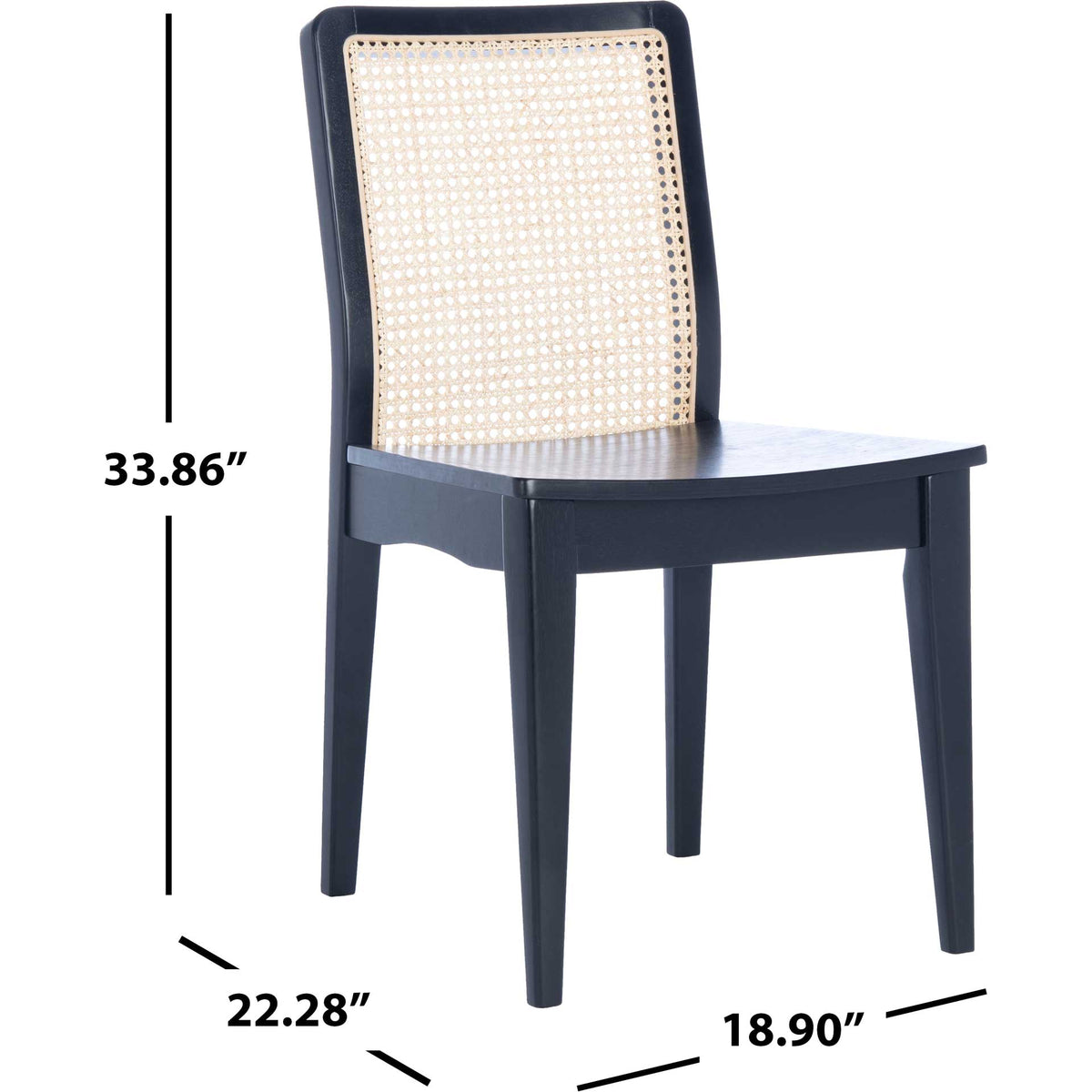 Black wood chair with a woven rattan back measures 22.28 by 18.90 by 33.86 inches