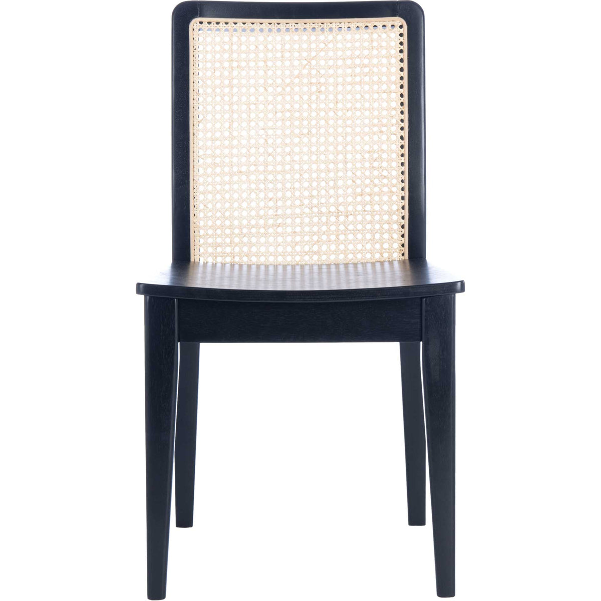 Black dining chair features a woven natural rattan back, smooth wood seat, and tapered legs || DCH1005C-SET2 || front_studio