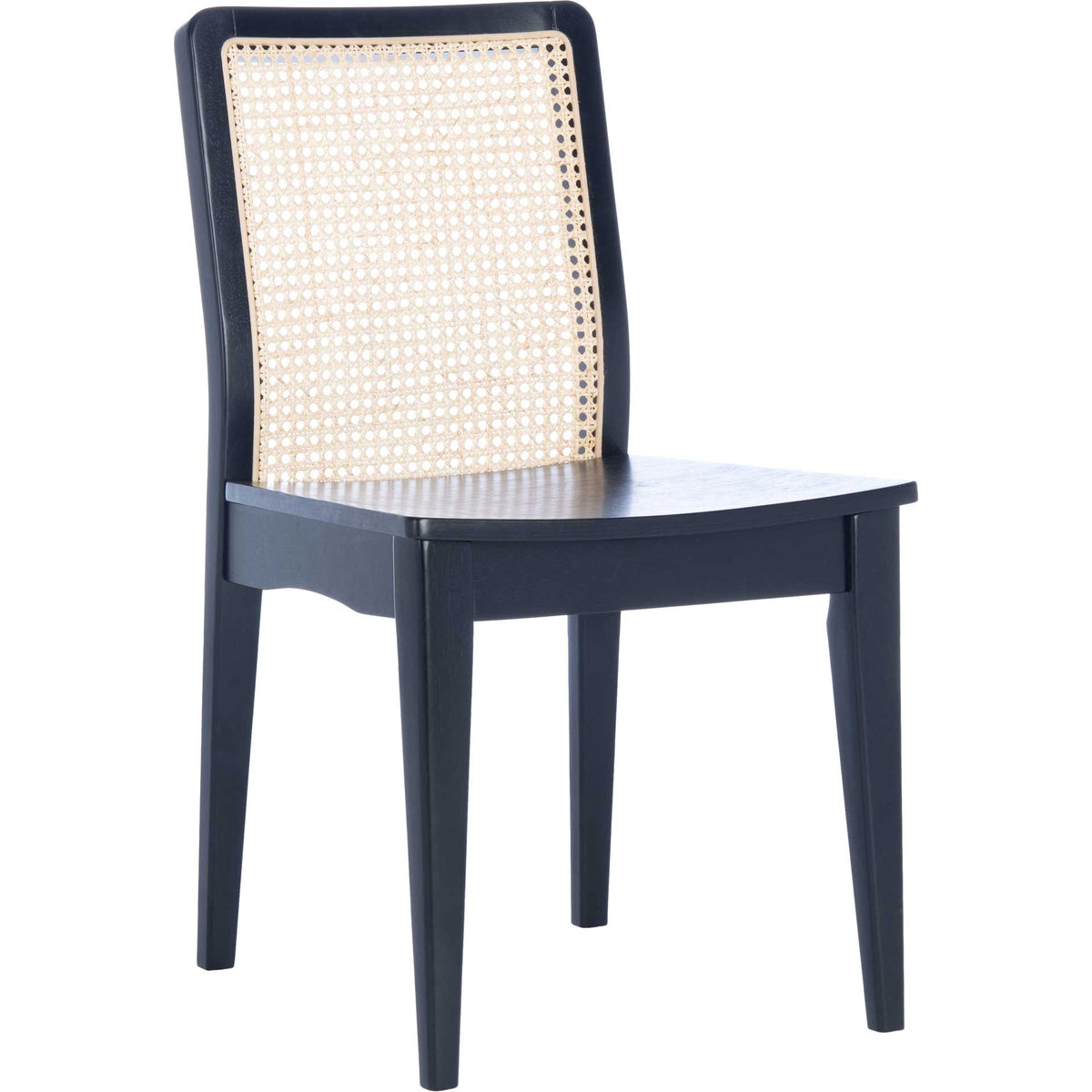 Black wood dining chair pairs a gently curved natural cane back with a smooth seat and tapered legs || DCH1005C-SET2 || front_angle_studio
