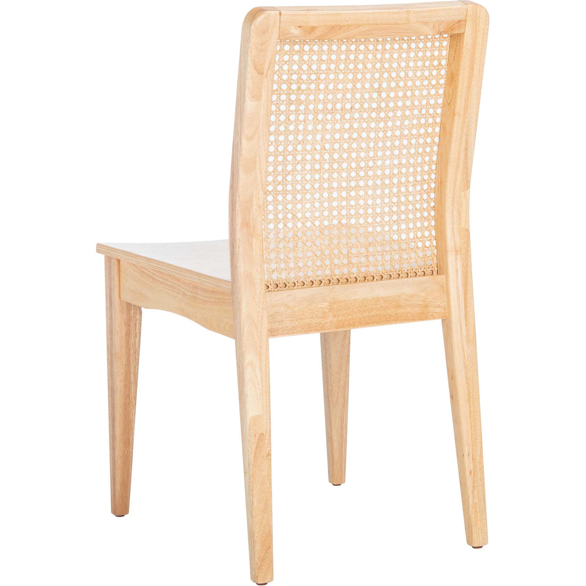 Light wood dining chair blends a woven rattan back with gently curved posts and tapered legs