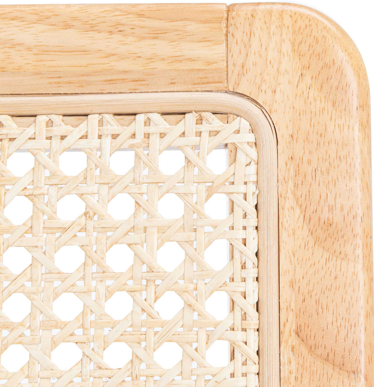 Natural wood grain surrounds the open-weave rattan panel in the chair back