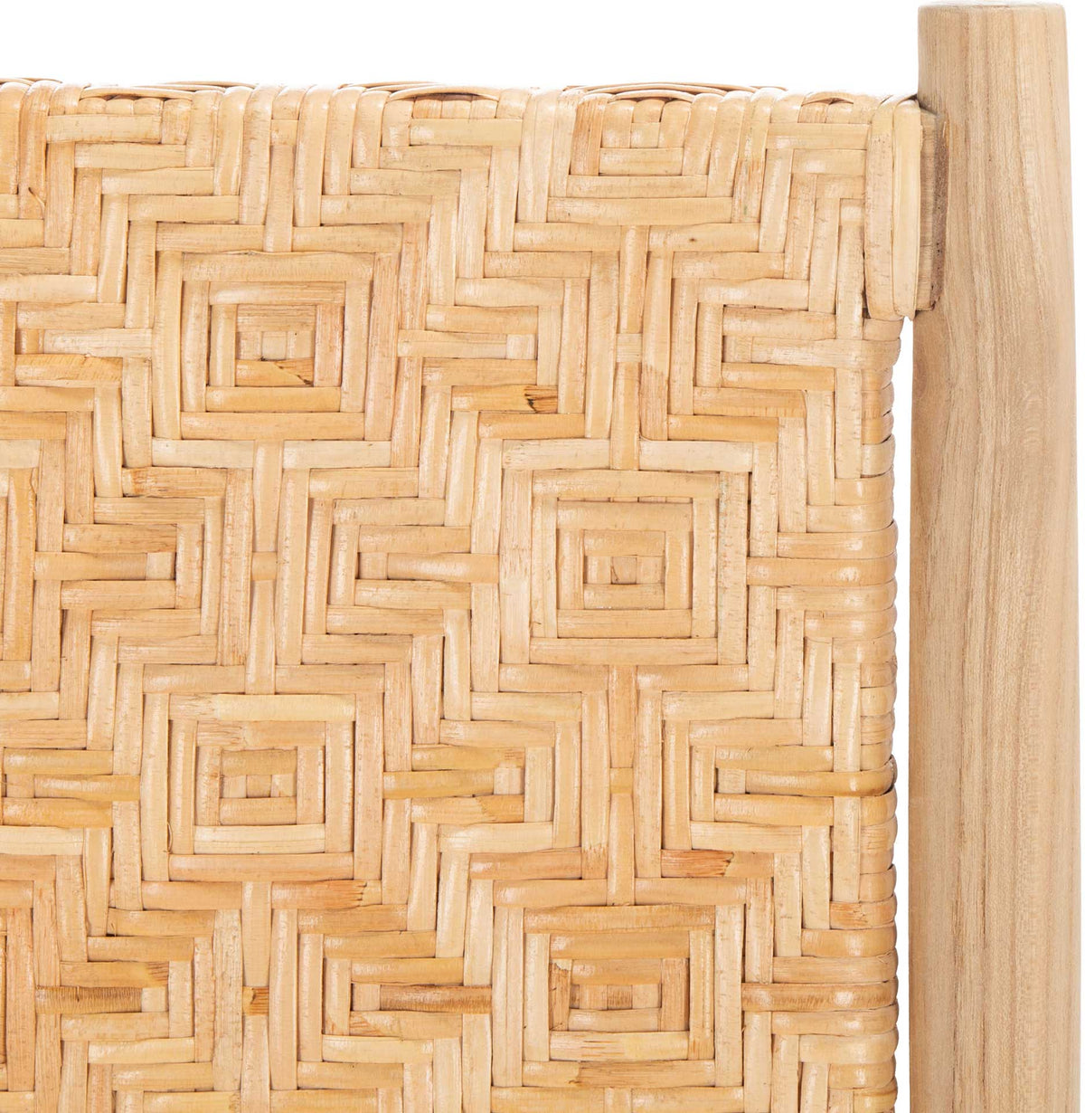 Interlaced rattan forms raised square motifs beside the natural wood frame