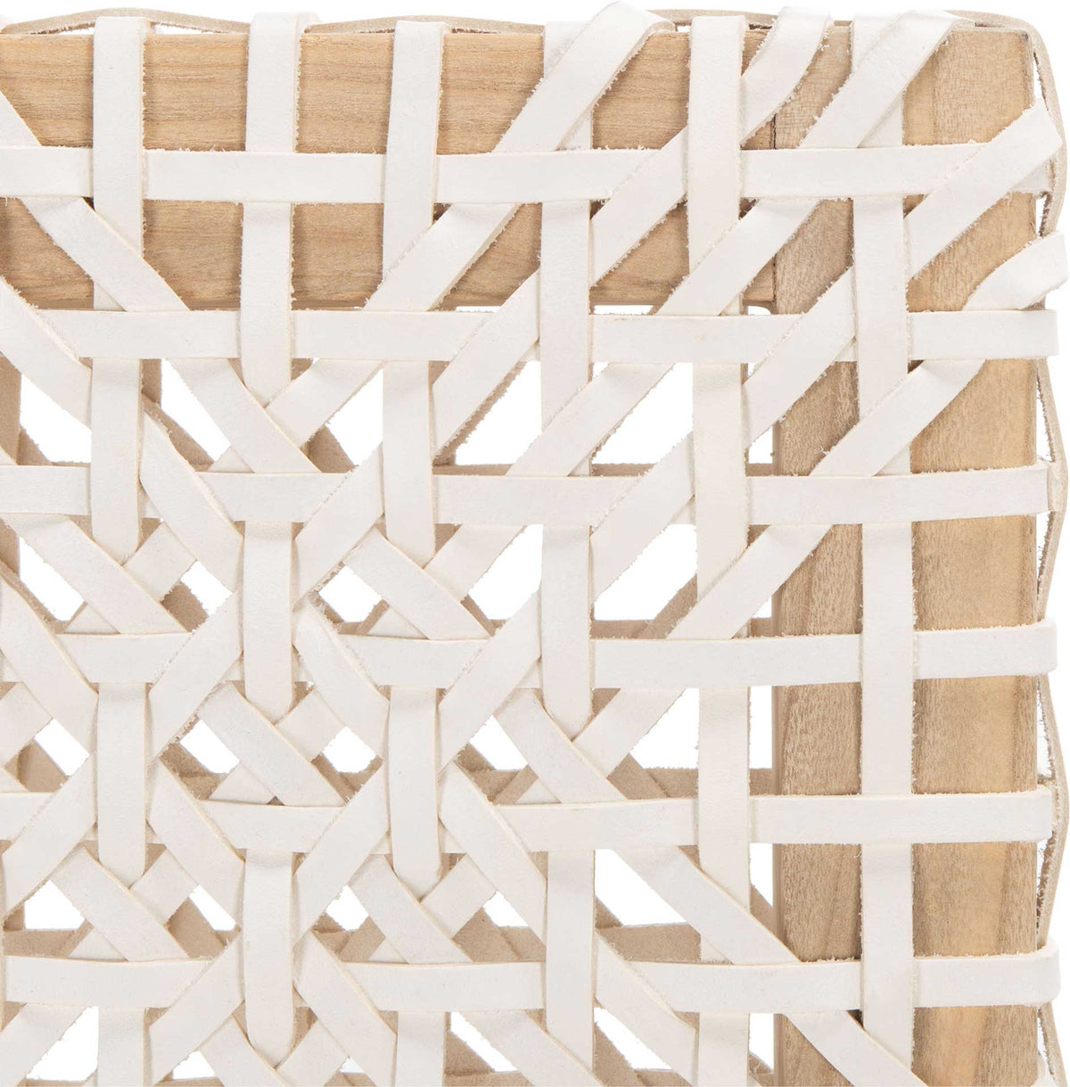Interlaced white leather strips form a geometric pattern against the natural wood frame
