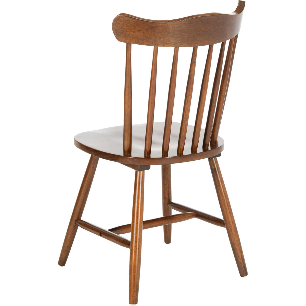 Warm walnut finish highlights the sculpted back rail, slender spindles, and splayed legs