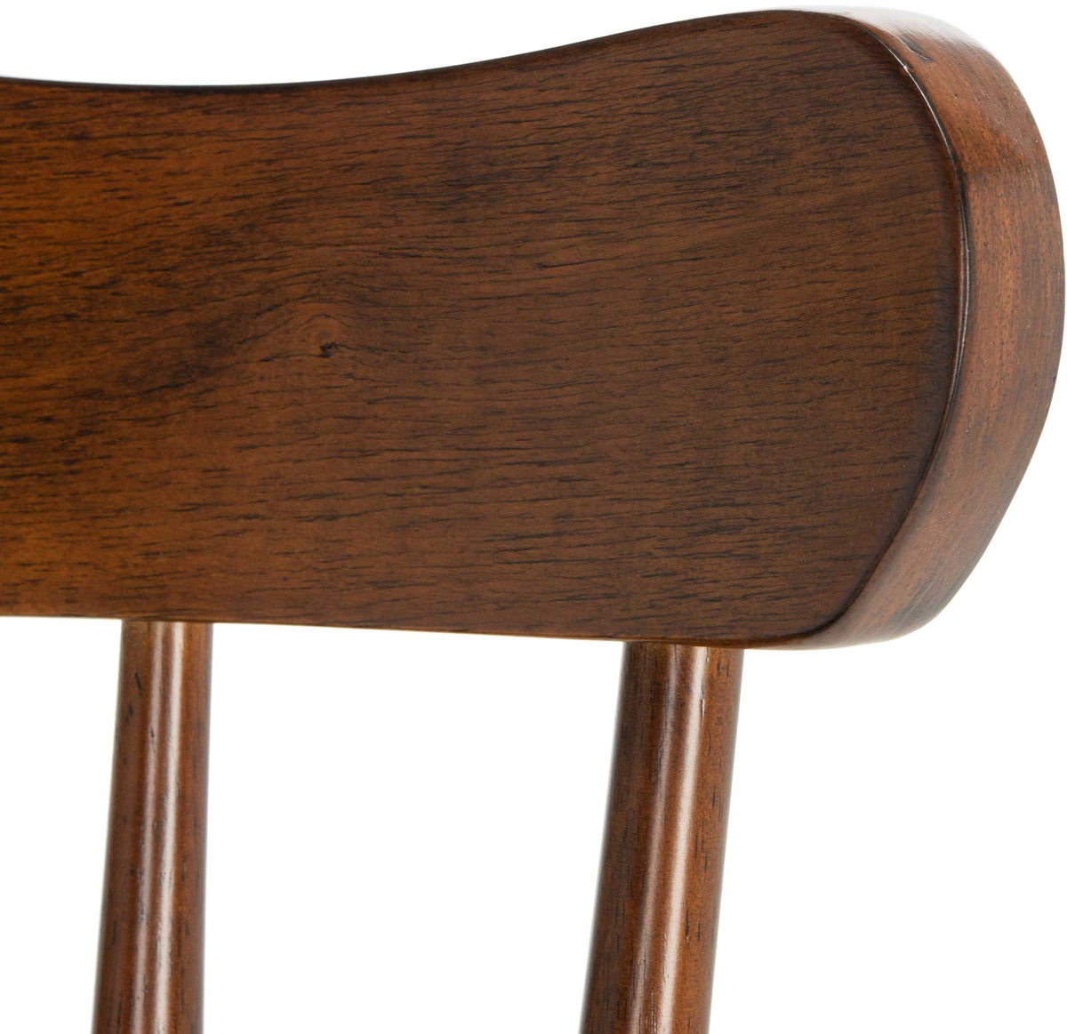 Rich walnut wood grain accents the curved back rail and slender spindles