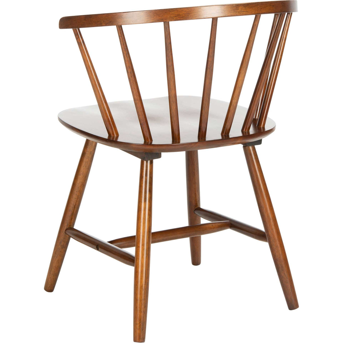 A curved spindle back and smooth wooden seat rest on tapered legs joined by crossbars