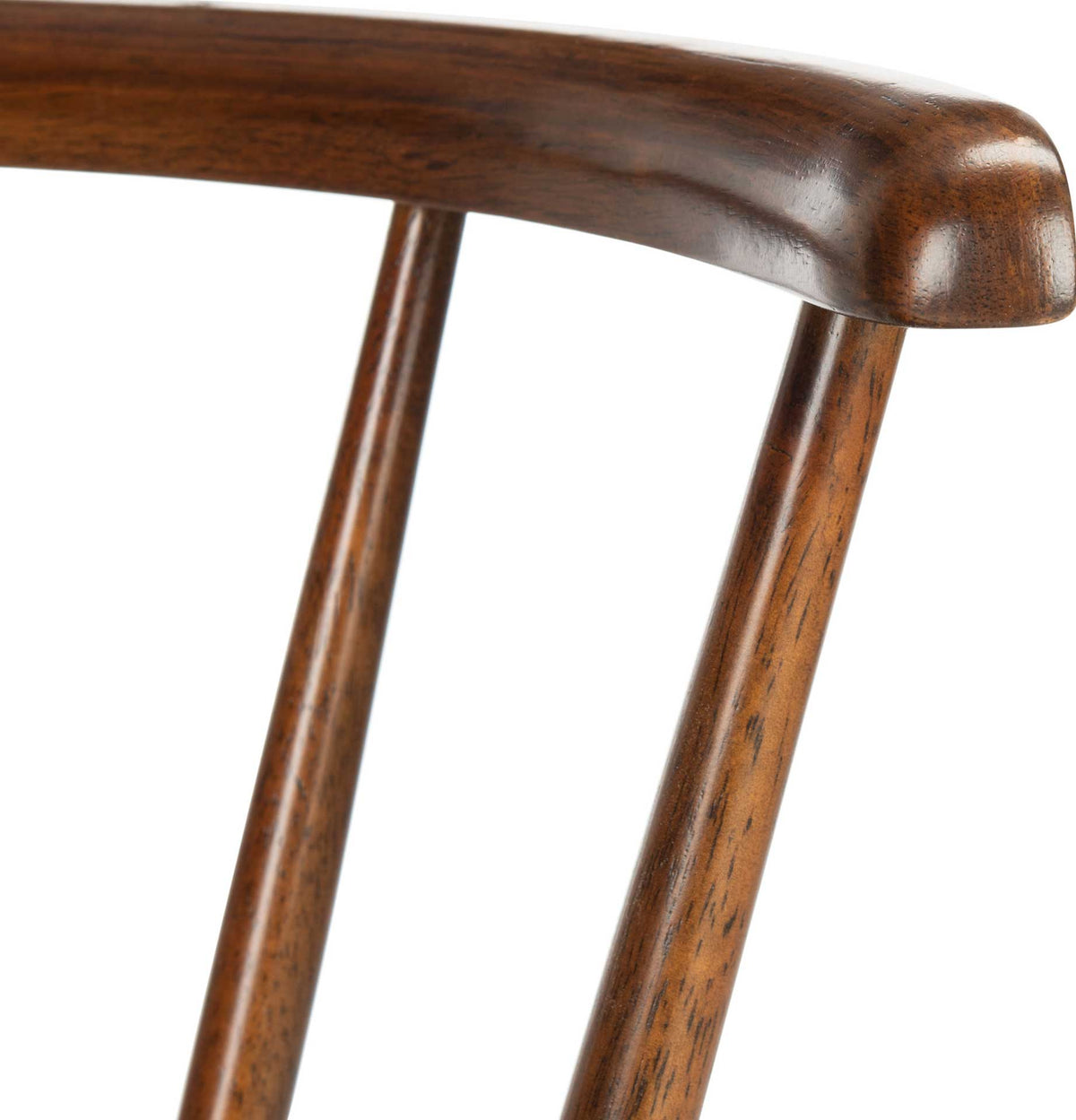 Warm walnut finish reveals wood grain along the curved back rail and slender spindles
