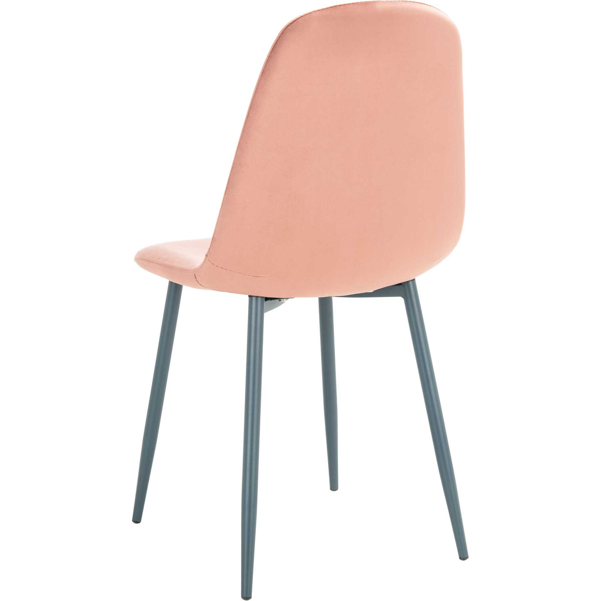 Curved pink upholstery wraps around the chair back, complemented by tapered metal legs.