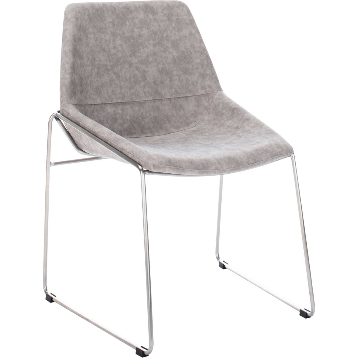 Stone gray faux leather curves into a smooth seat atop a slim silver sled frame || DCH3000A-SET2 || front_angle_studio