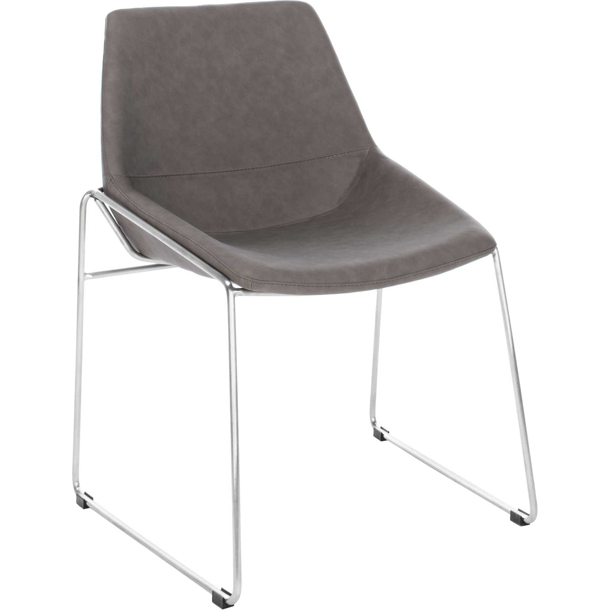 Ash gray faux leather wraps a gently curved seat and back above a sleek silver sled frame || DCH3000B-SET2 || front_angle_studio