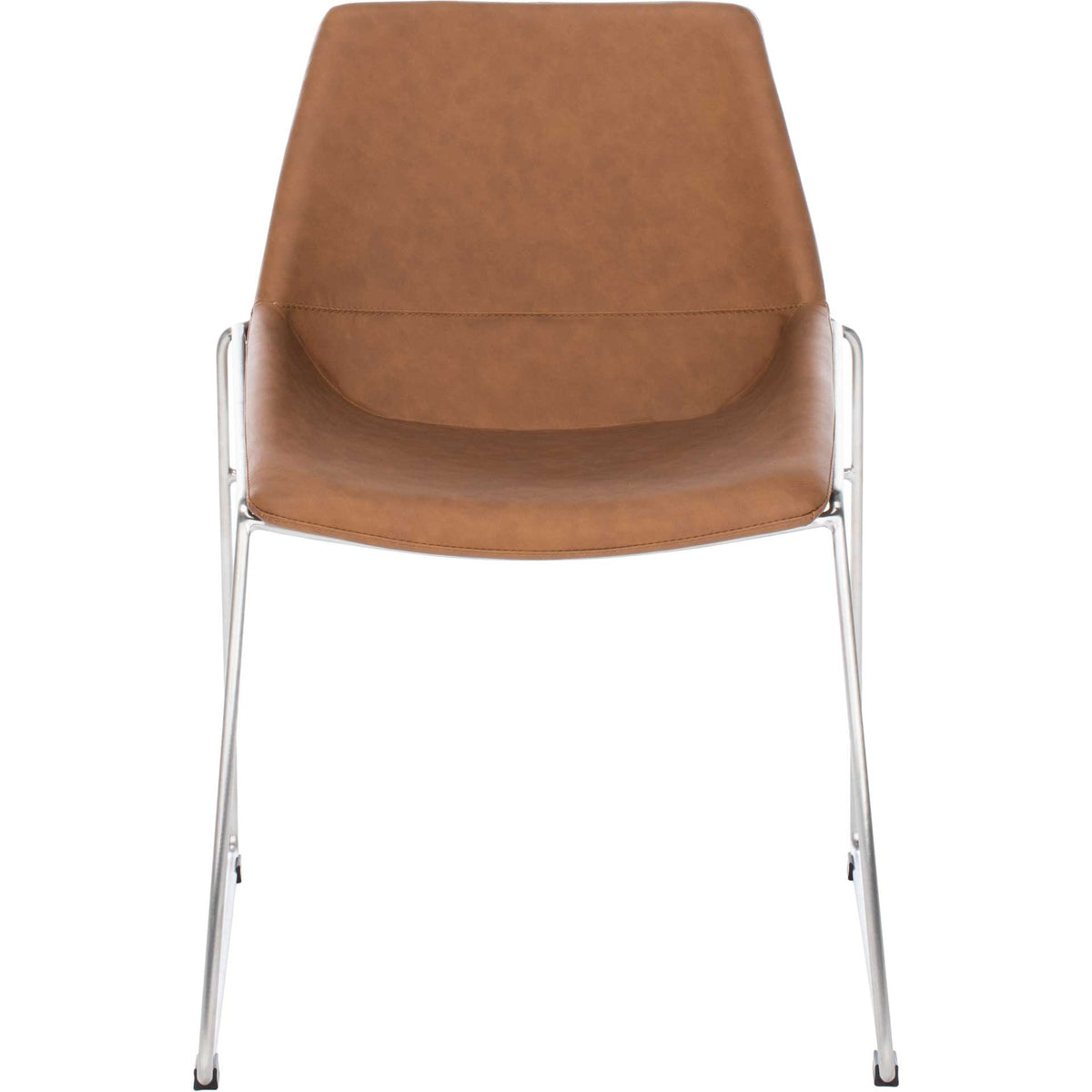 A contoured cognac seat and tapered backrest rest on a slender silver metal frame || DCH3000C-SET2 || front_studio