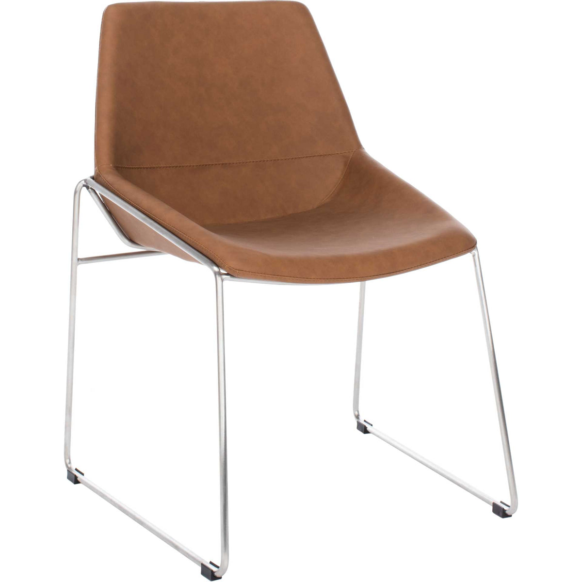 Cognac faux leather forms a scooped seat and tall back over a light silver sled frame || DCH3000C-SET2 || front_angle_studio