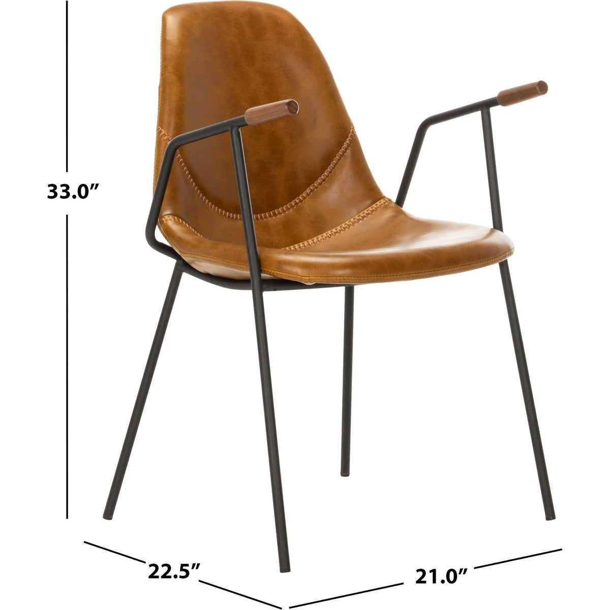 Stitched cognac faux leather chair measures 21 inches wide, 22.5 inches deep, and 33 inches high