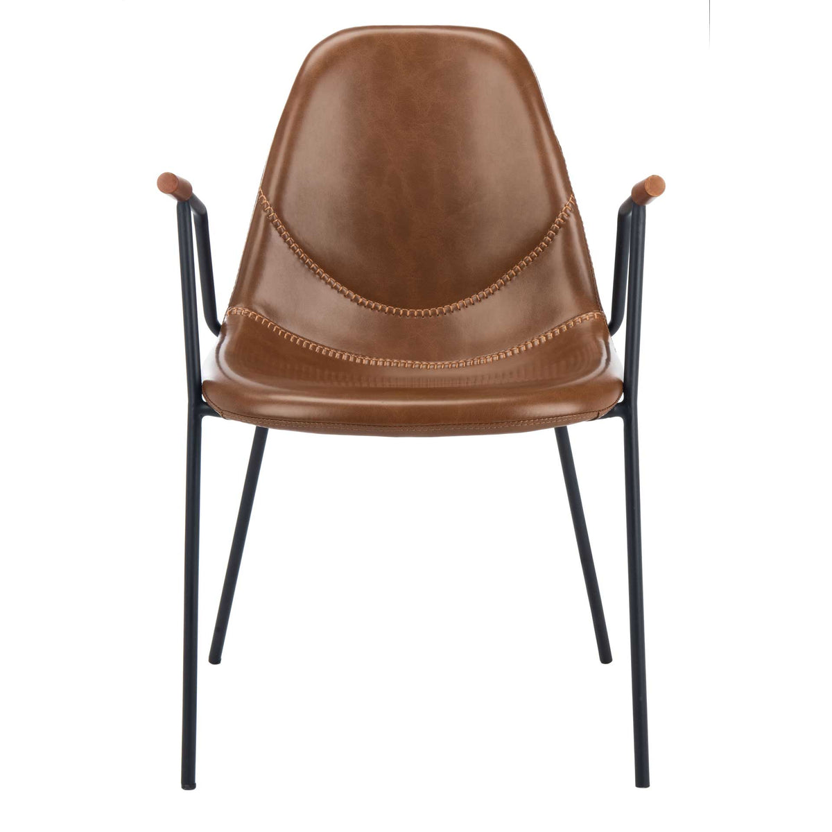 Warm cognac faux leather curves into a sculpted seat with decorative stitching and wood-tone arm tips || DCH3001A-SET2 || front_studio
