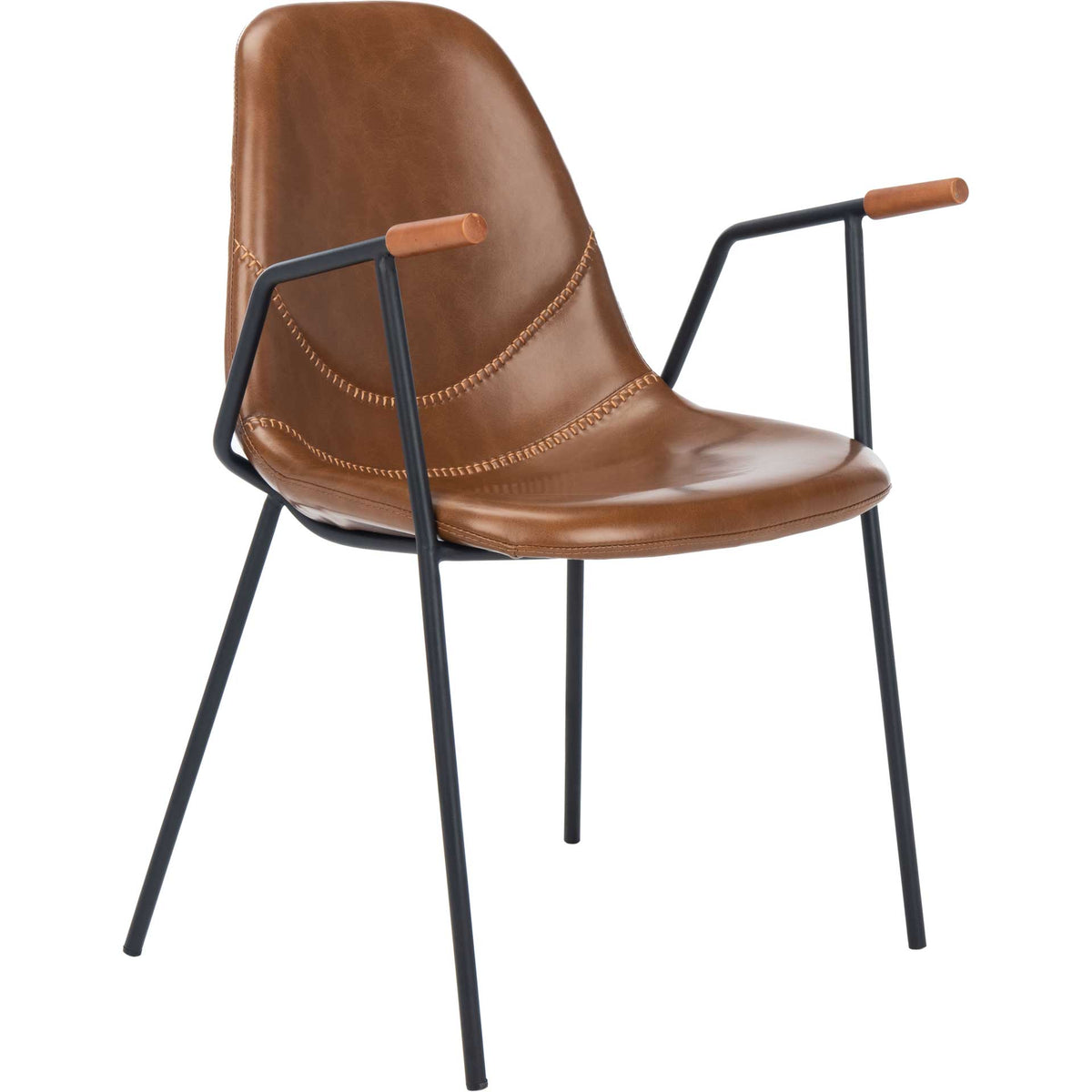Cognac faux leather and exposed contrast stitching define a curved chair with slender black metal arms || DCH3001A-SET2 || front_angle_studio